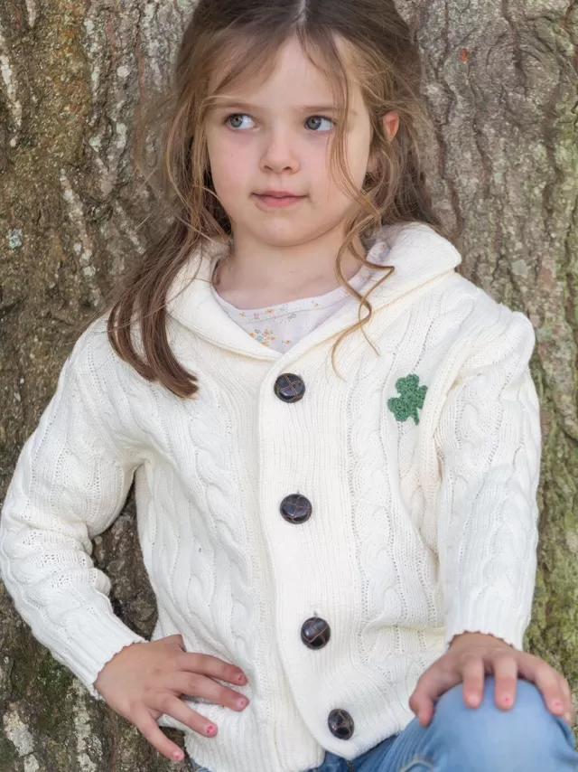 Kids Sweater Shop Cream Cable Knit Kids Cardigan with Shamrock