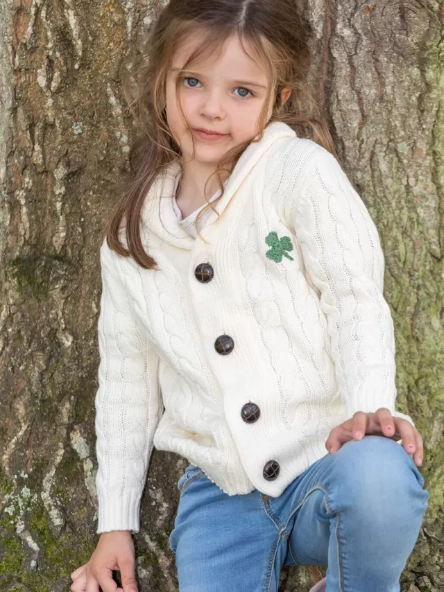 Kids Sweater Shop Cream Cable Knit Kids Cardigan with Shamrock