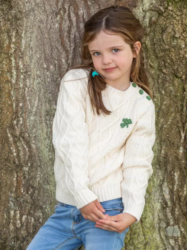 Kids Sweater Shop Cream Cable Knit Kids Sweater with Shamrock