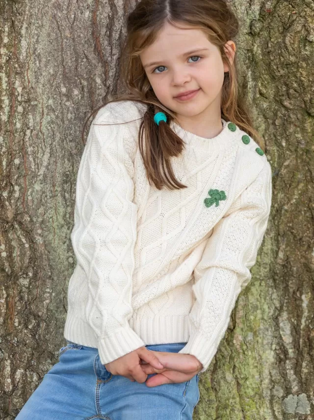 Kids Sweater Shop Cream Cable Knit Kids Sweater with Shamrock