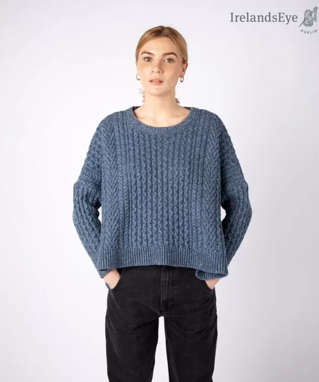 Women Sweater Shop Cropped Aran Sweater Sea Spray Blue