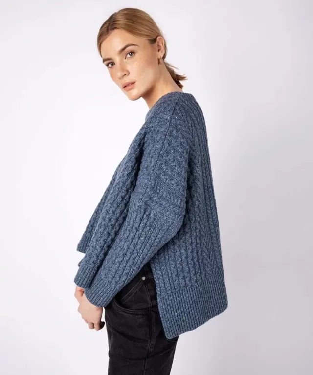 Women Sweater Shop Cropped Aran Sweater Sea Spray Blue