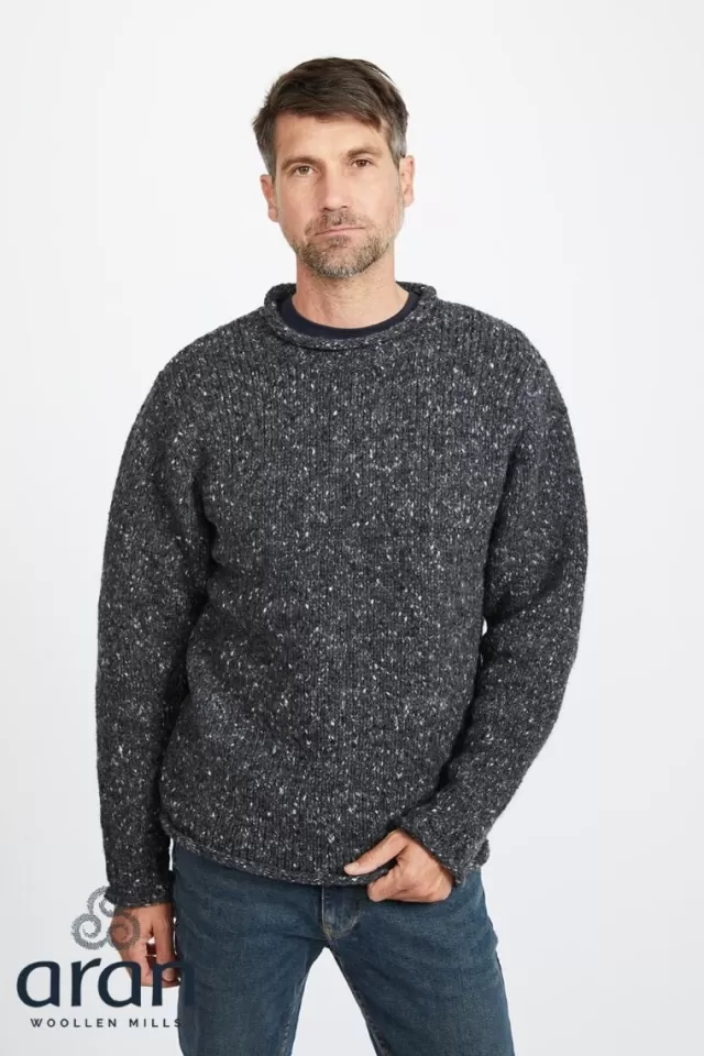 Sweater Shop 100% Donegal Roll Neck Sweater Charcoal