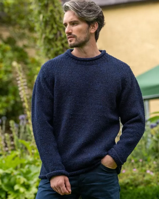 Sweater Shop 100% Donegal Roll Neck Sweater Dark Blue