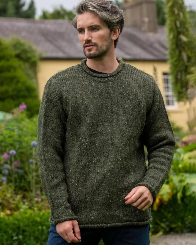 Sweater Shop 100% Donegal Wool Roll Neck Sweater Olive Green