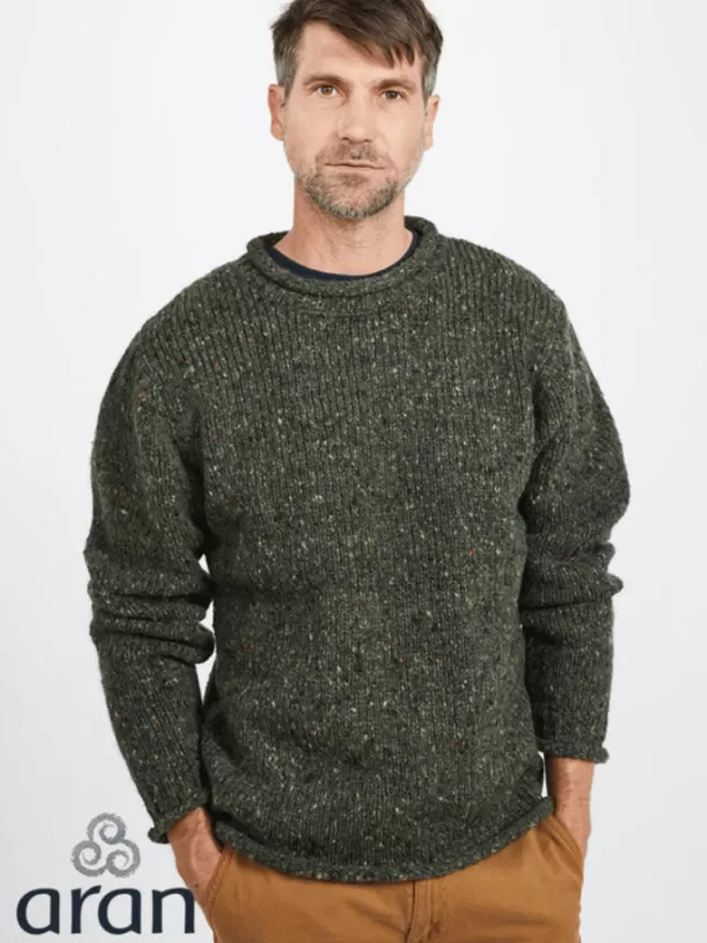 Sweater Shop 100% Donegal Wool Roll Neck Sweater Olive Green