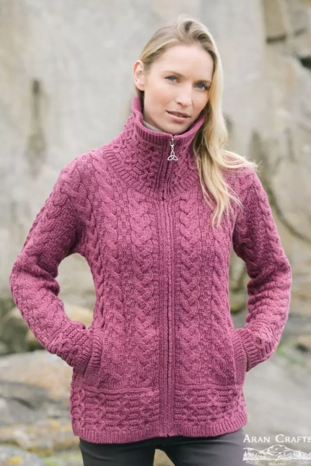 Women Sweater Shop Double Collar Zip Cardigan Berry