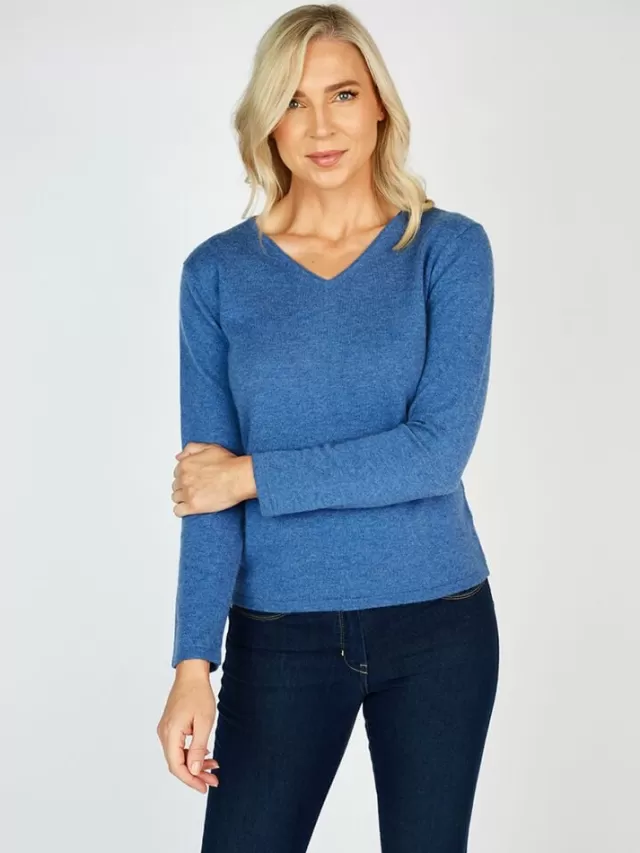 Women Sweater Shop Extra Fine Merino Wool & Cashmere V Neck Sweater Denim