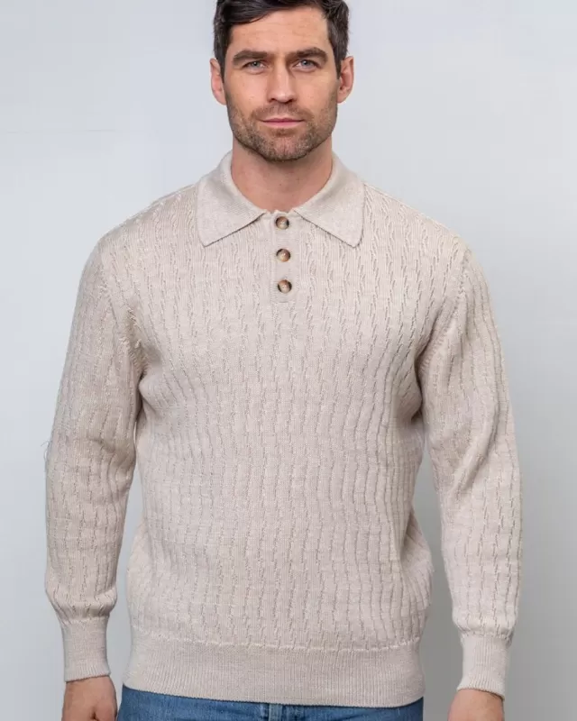 Sweater Shop Extra Fine Merino Wool Button Neck Sweater - Beige