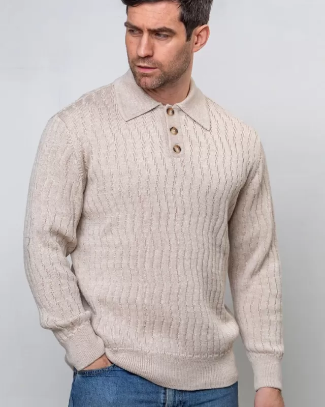 Sweater Shop Extra Fine Merino Wool Button Neck Sweater - Beige