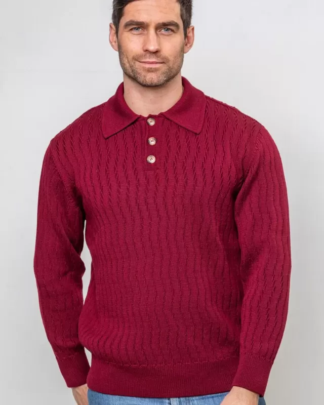 Sweater Shop Extra Fine Merino Wool Button Neck Sweater - Berry