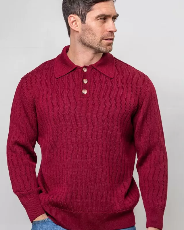 Sweater Shop Extra Fine Merino Wool Button Neck Sweater - Berry