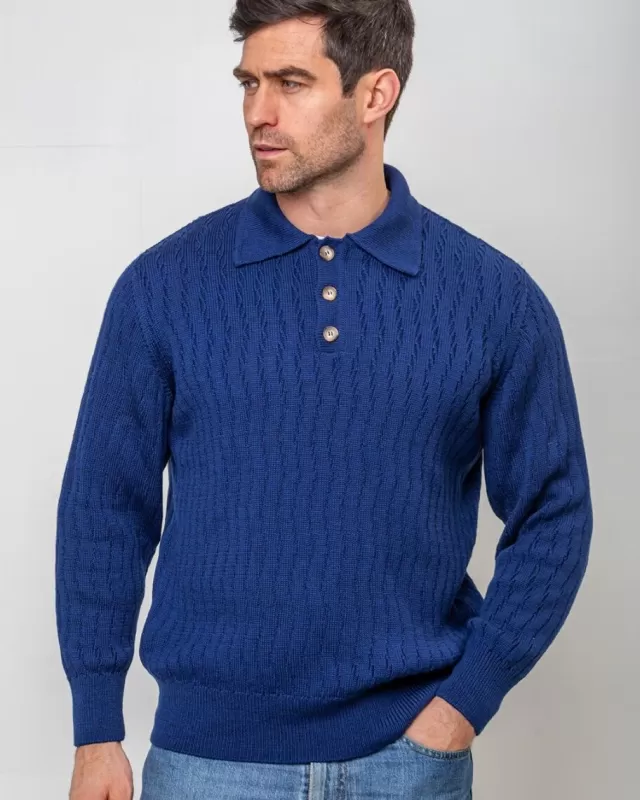 Sweater Shop Extra Fine Merino Wool Button Neck Sweater - Blue