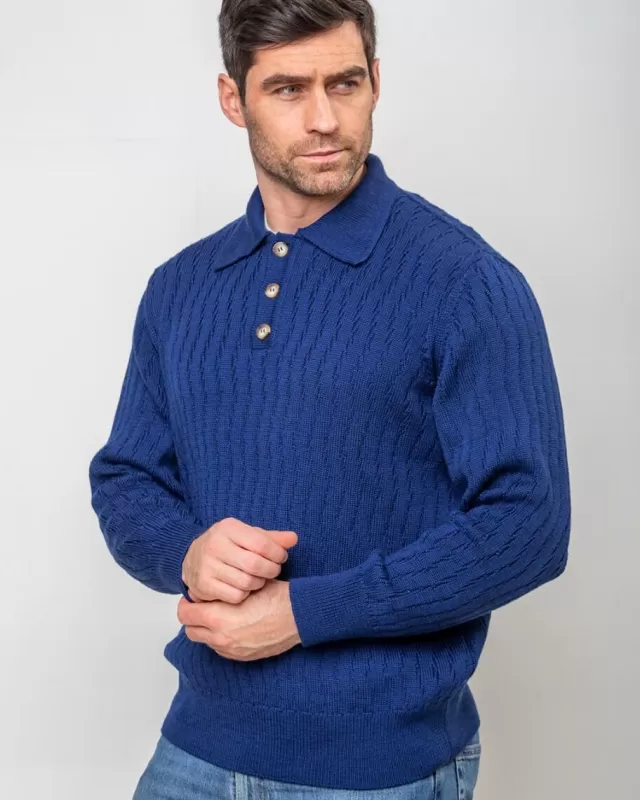 Sweater Shop Extra Fine Merino Wool Button Neck Sweater - Blue