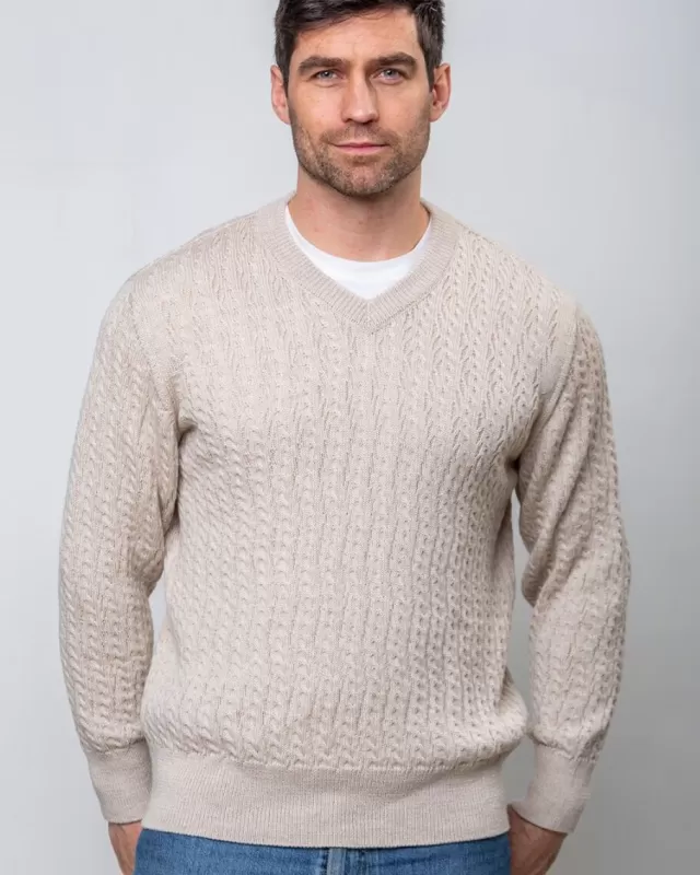 Sweater Shop Extra Fine Merino Wool V Neck Sweater Beige