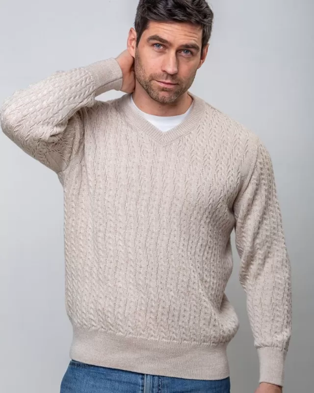 Sweater Shop Extra Fine Merino Wool V Neck Sweater Beige