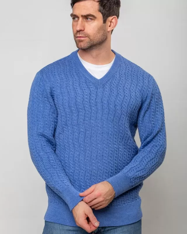 Sweater Shop Extra Fine Merino Wool V Neck Sweater Sky Blue