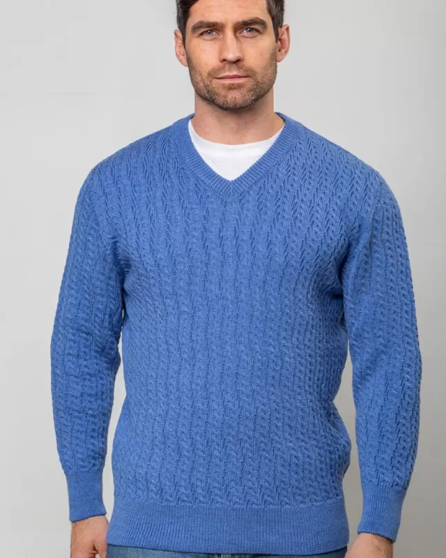 Sweater Shop Extra Fine Merino Wool V Neck Sweater Sky Blue