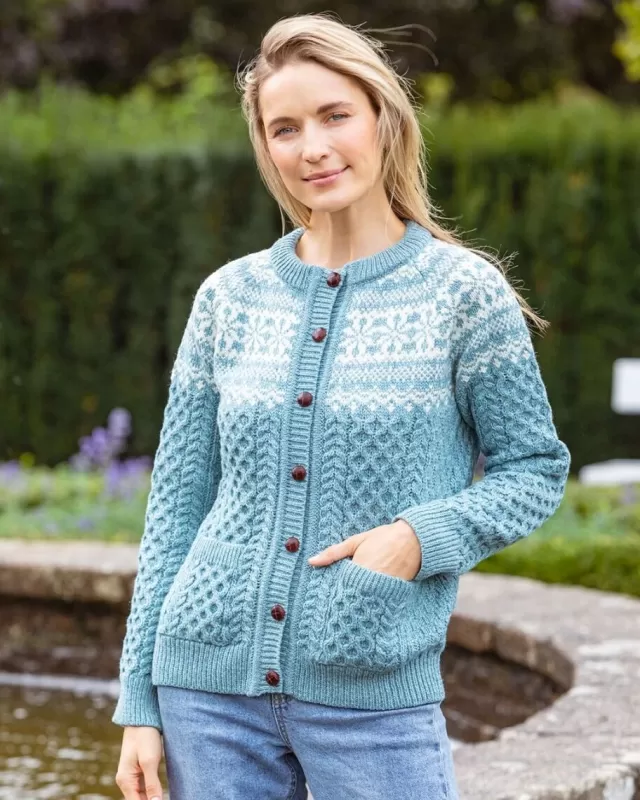 Women Sweater Shop Fairisle Merino Wool Cardigan Aqua