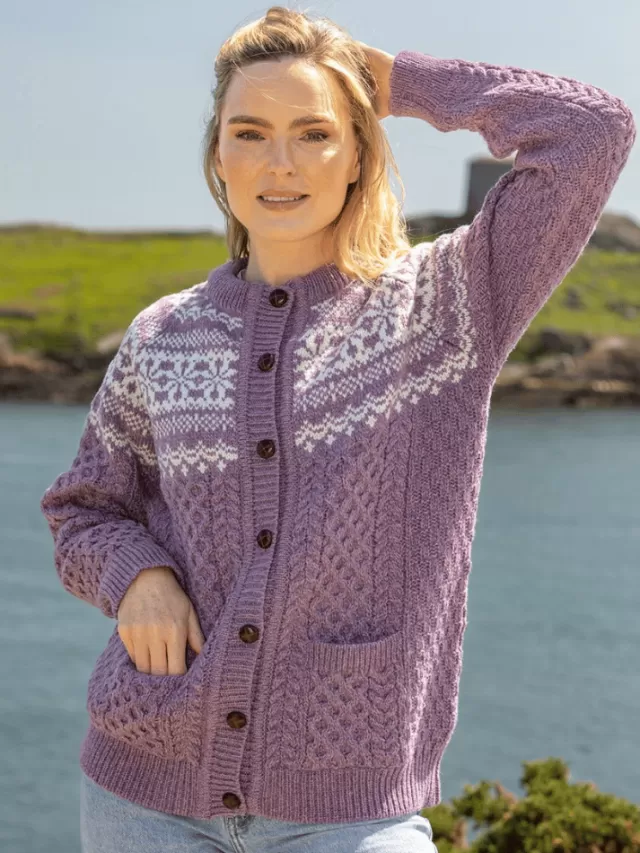 Women Sweater Shop Fairisle Merino Wool Cardigan Lavender