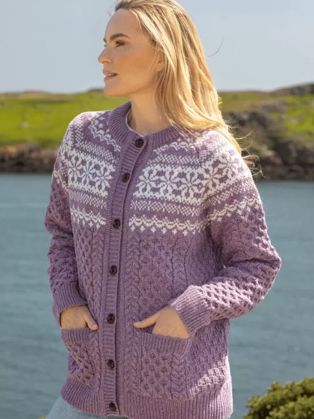 Women Sweater Shop Fairisle Merino Wool Cardigan Lavender