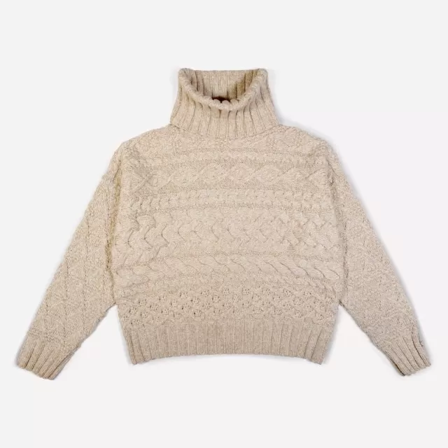 Women Sweater Shop 100% Fine Merino Wool Cable Polo Neck Beige