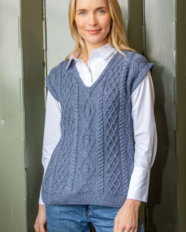 Women Sweater Shop Fitted Aran Vest Merino Wool - Blue