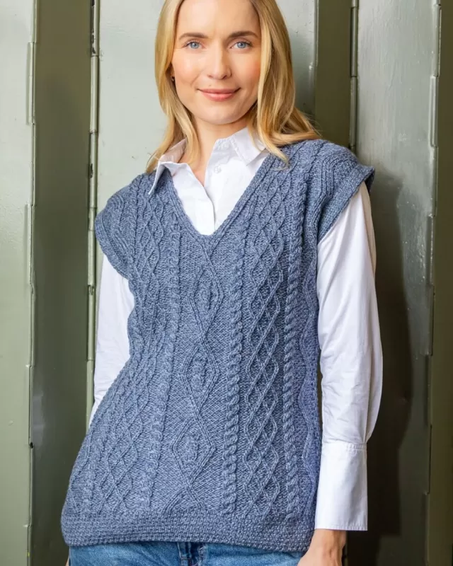 Women Sweater Shop Fitted Aran Vest Merino Wool - Blue