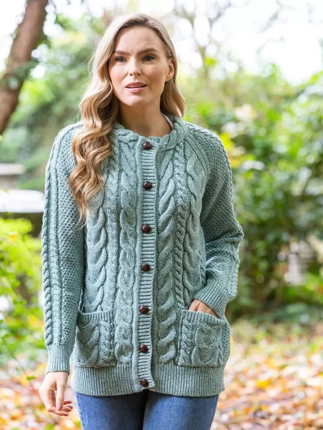 Women Sweater Shop Fitted Irish Aran Lumbar Cardigan Aqua