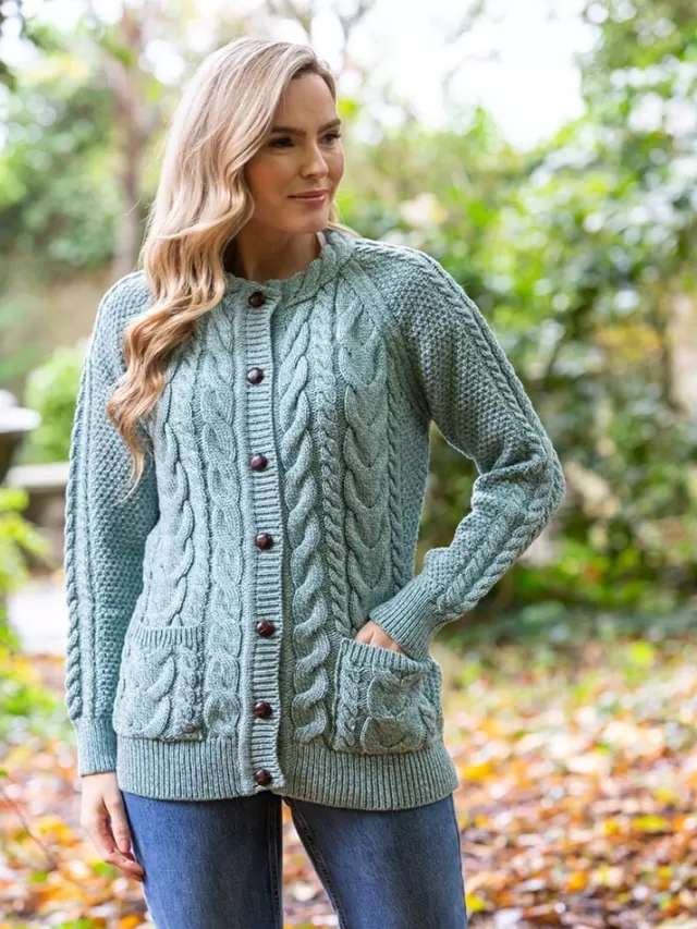 Women Sweater Shop Fitted Irish Aran Lumbar Cardigan Aqua