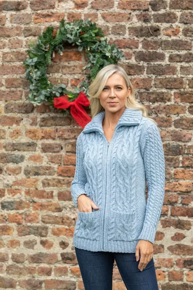 Women Sweater Shop Full Zip Aran Sweater Sky Blue