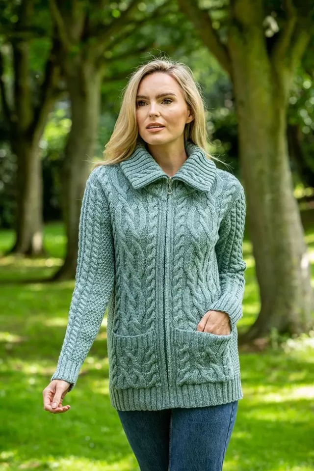 Women Sweater Shop Full Zip Fitted Aran Cardigan Aqua