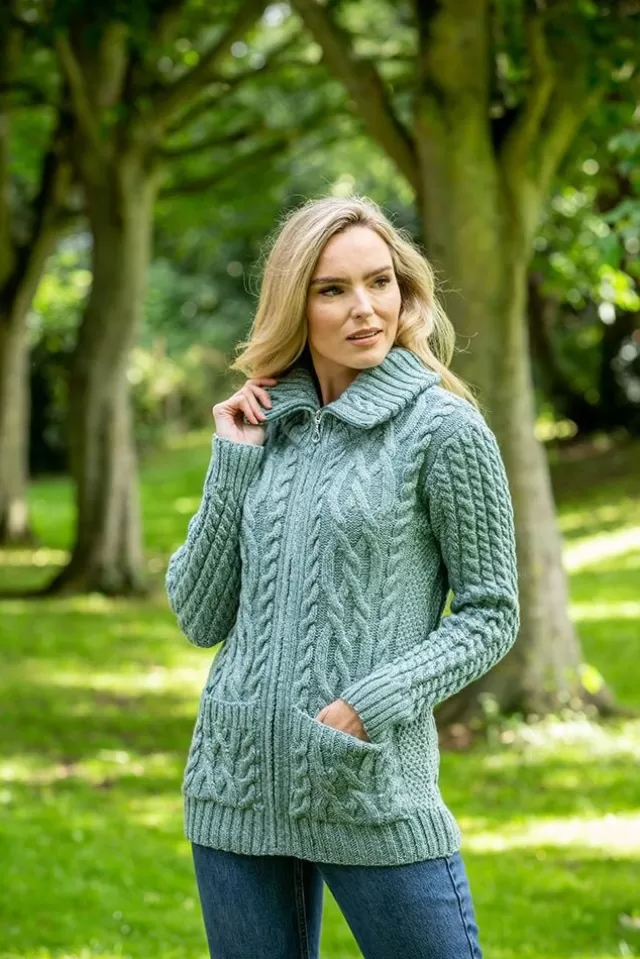 Women Sweater Shop Full Zip Fitted Aran Cardigan Aqua