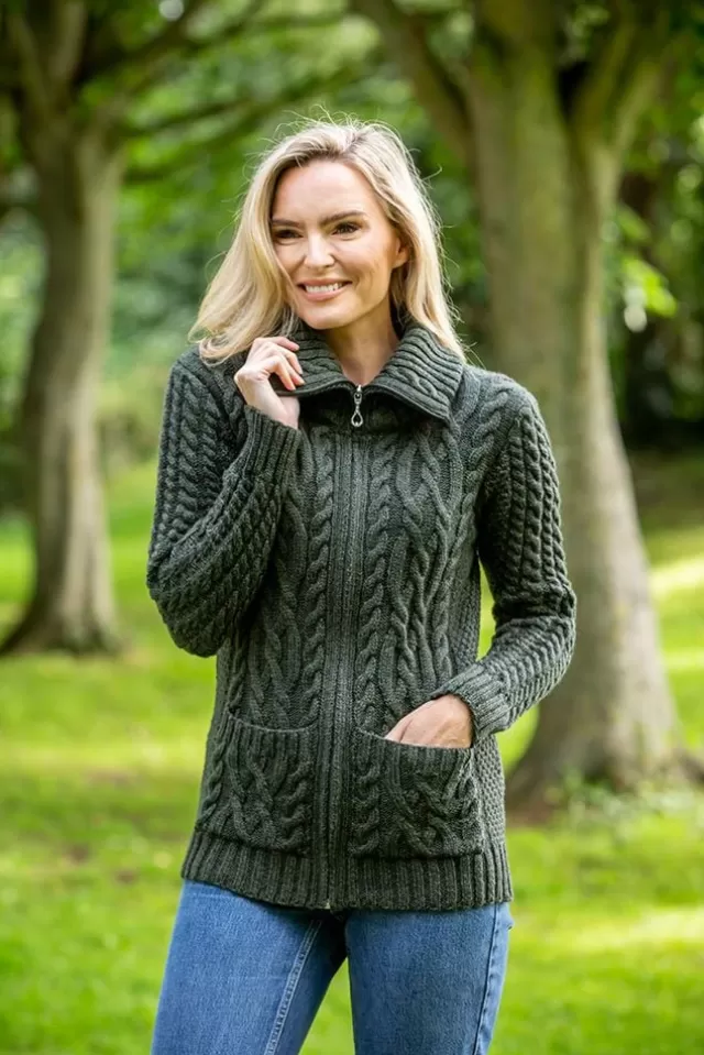 Women Sweater Shop Full Zip Fitted Aran Cardigan Army green