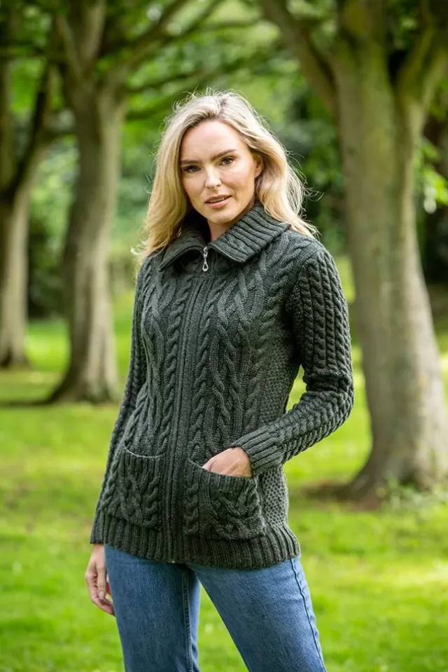 Women Sweater Shop Full Zip Fitted Aran Cardigan Army green