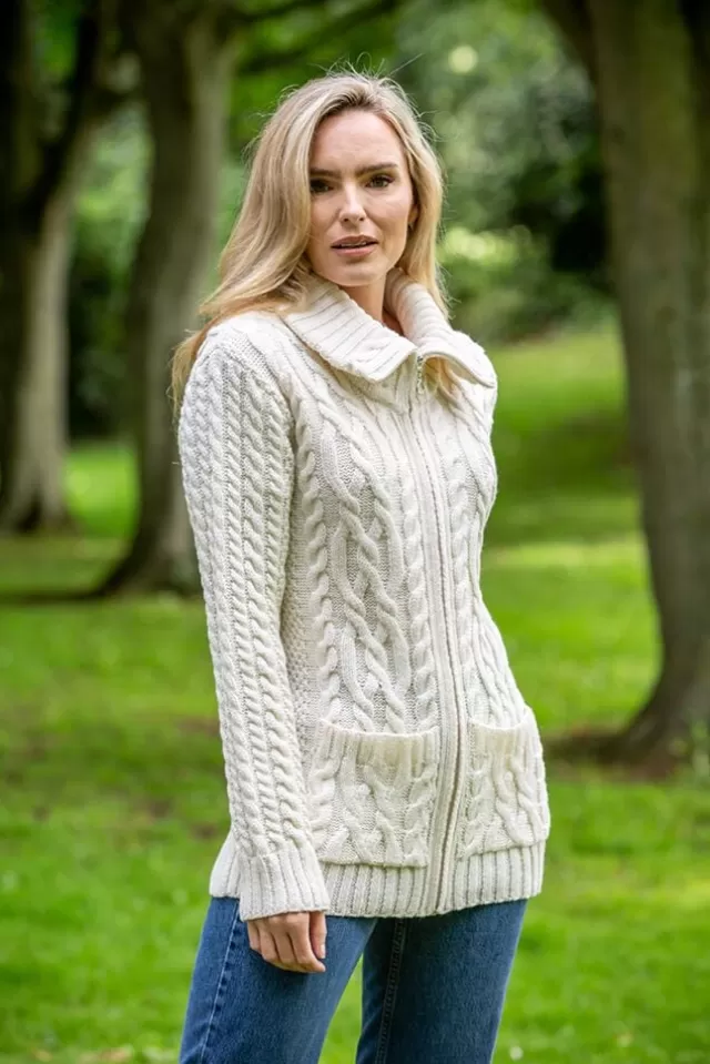 Women Sweater Shop Full Zip Fitted Aran Cardigan with large collar