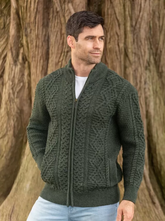 Sweater Shop Full Zip Mens Aran Cardigan - Army Green