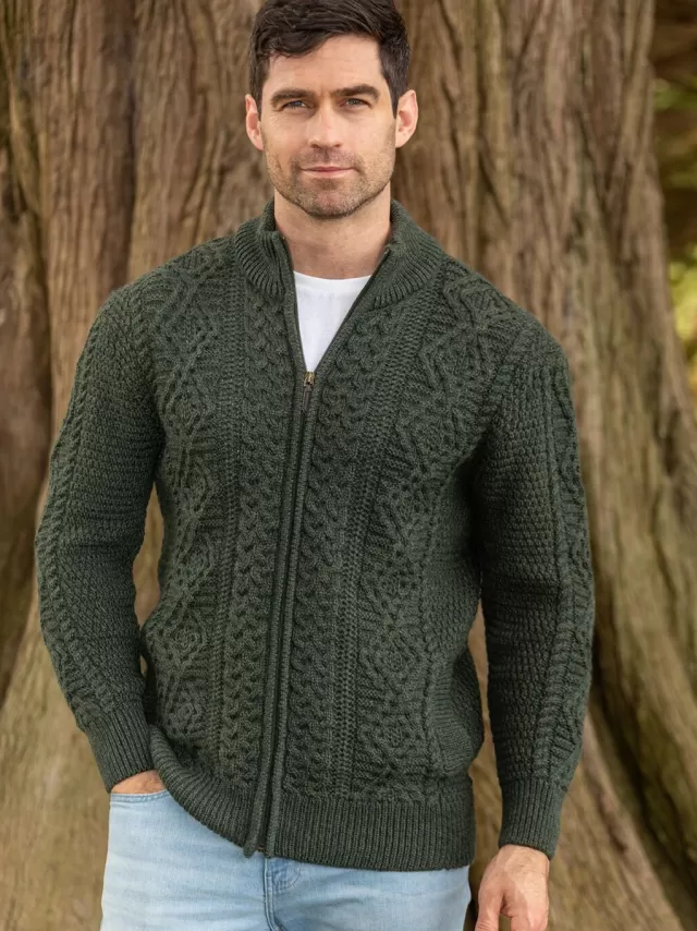 Sweater Shop Full Zip Mens Aran Cardigan - Army Green