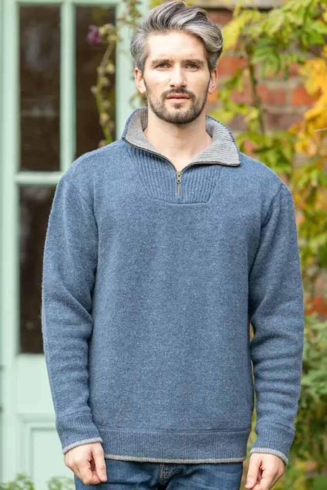 Sweater Shop Half Zip Lambswool Sweater Blue Stone