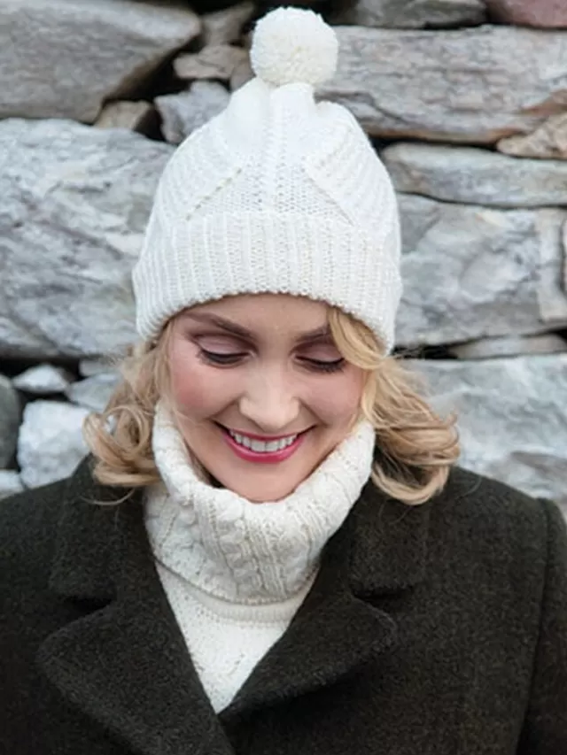 Women Sweater Shop Hand Knit Aran Hat with bobble Natural