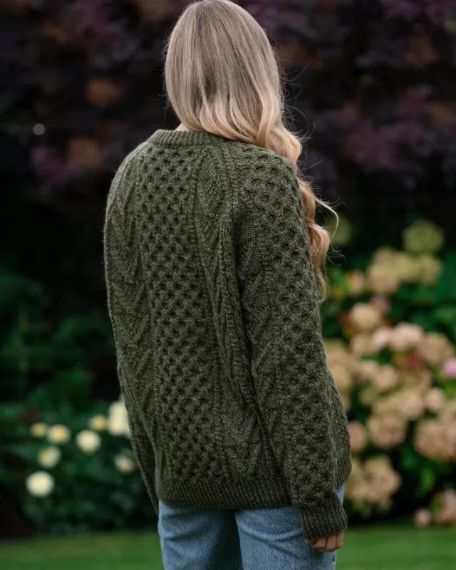 Women Sweater Shop Handknit Green Aran Sweater Merino Wool