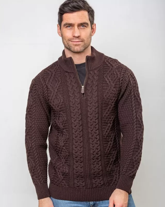 Sweater Shop Heavyweight Extra Fine Merino Wool Half Zip Sweater - Brown