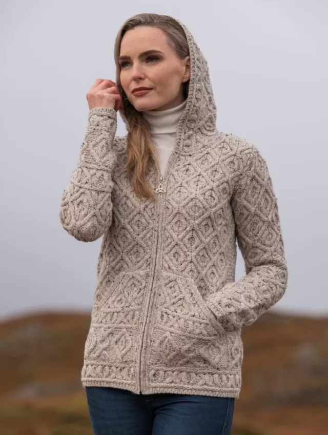 Women Sweater Shop Honeycomb Hooded Cardigan Oatmeal