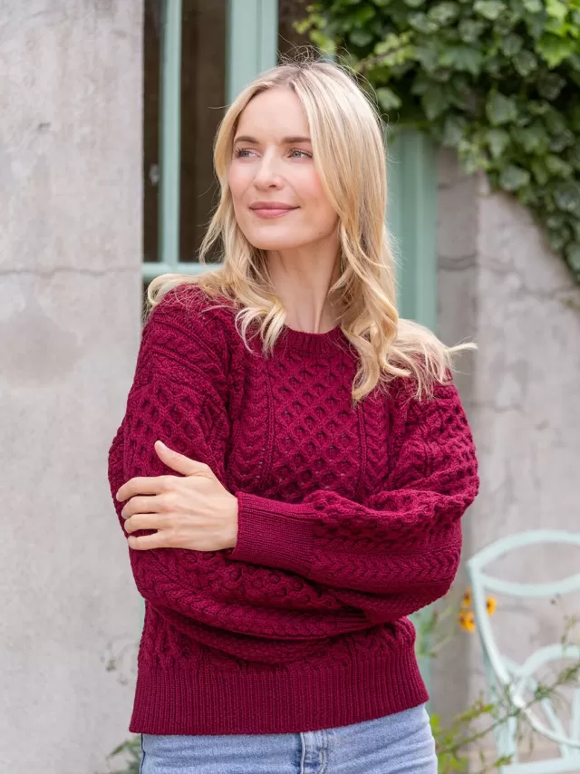 Women Sweater Shop Honeysuckle Cropped Aran Sweater Claret