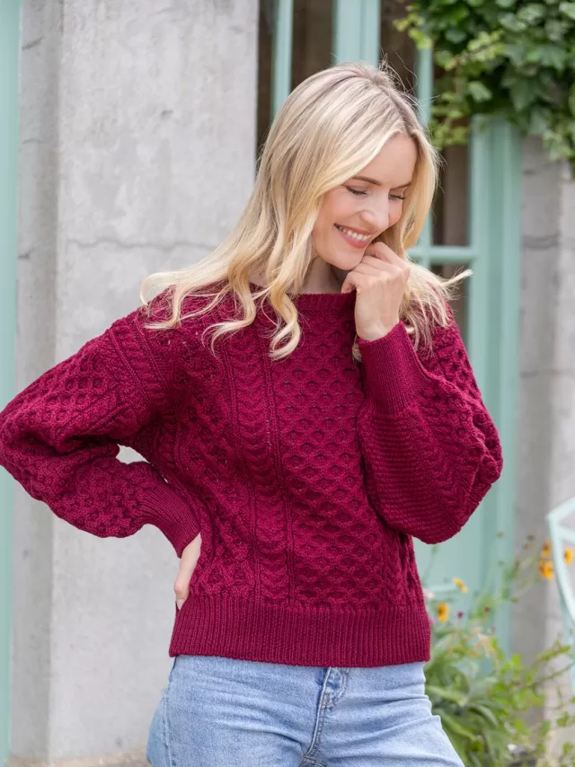 Women Sweater Shop Honeysuckle Cropped Aran Sweater Claret