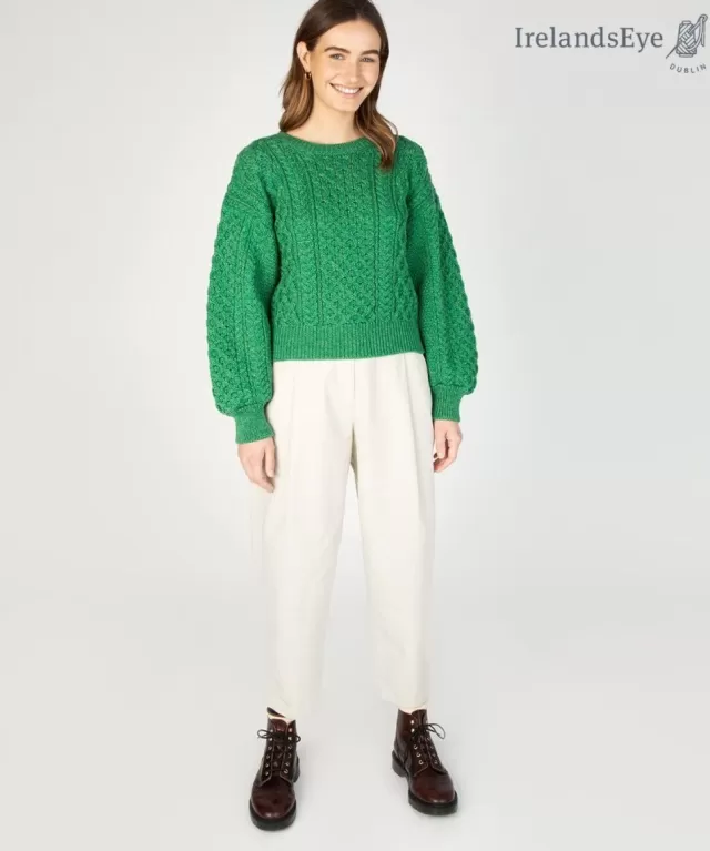 Women Sweater Shop Honeysuckle Cropped Aran Sweater Green Marl