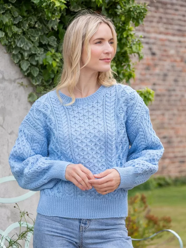 Women Sweater Shop Honeysuckle Cropped Aran Sweater Morning Sky