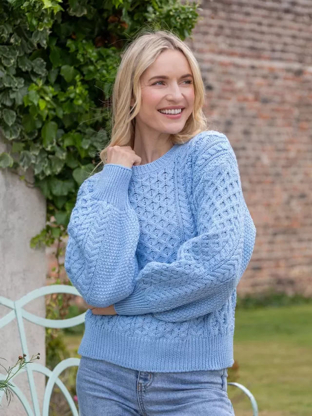 Women Sweater Shop Honeysuckle Cropped Aran Sweater Morning Sky