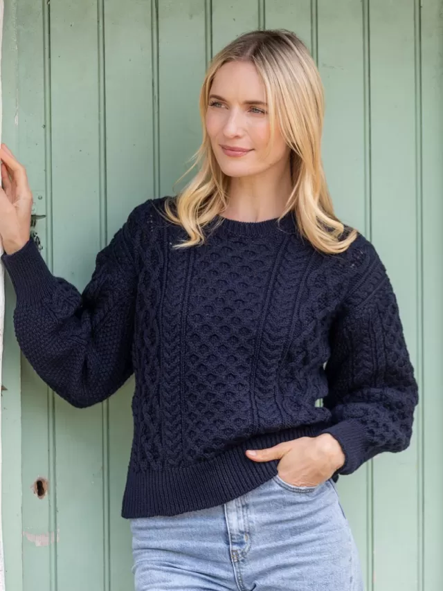 Women Sweater Shop Honeysuckle Cropped Aran Sweater Navy