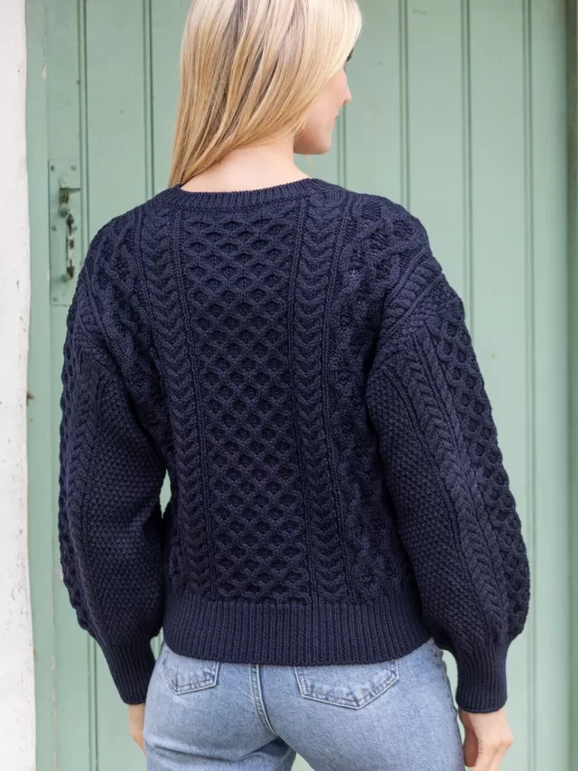 Women Sweater Shop Honeysuckle Cropped Aran Sweater Navy